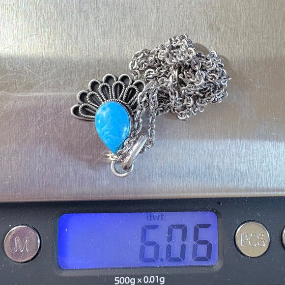 VTG Sterling Silver 925 Teardrop Turquoise Bezel Set Pendant Necklace 22" Length - Picture 12 of 13